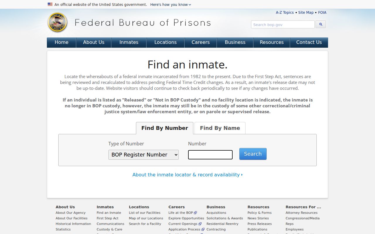 Wildwood resident lookup research showing federal inmate name and number search fields